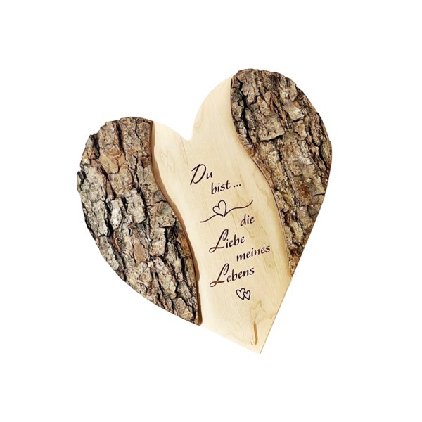 Holzherz Poesie im rustikalen Rindendesign "LIEBE MEINES LEBENS"