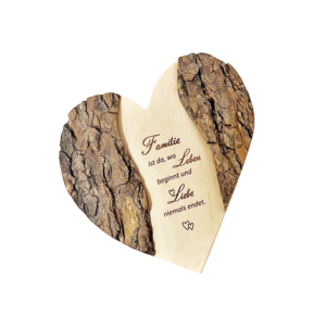 Holzherz Poesie im rustikalen Rindendesign "FAMILIE LEBEN LIEBE"